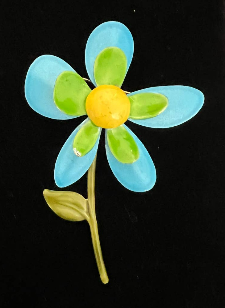VTG Flower Brooch Painted Metal Bright Colors Modern Art Blue Green Yellow Large